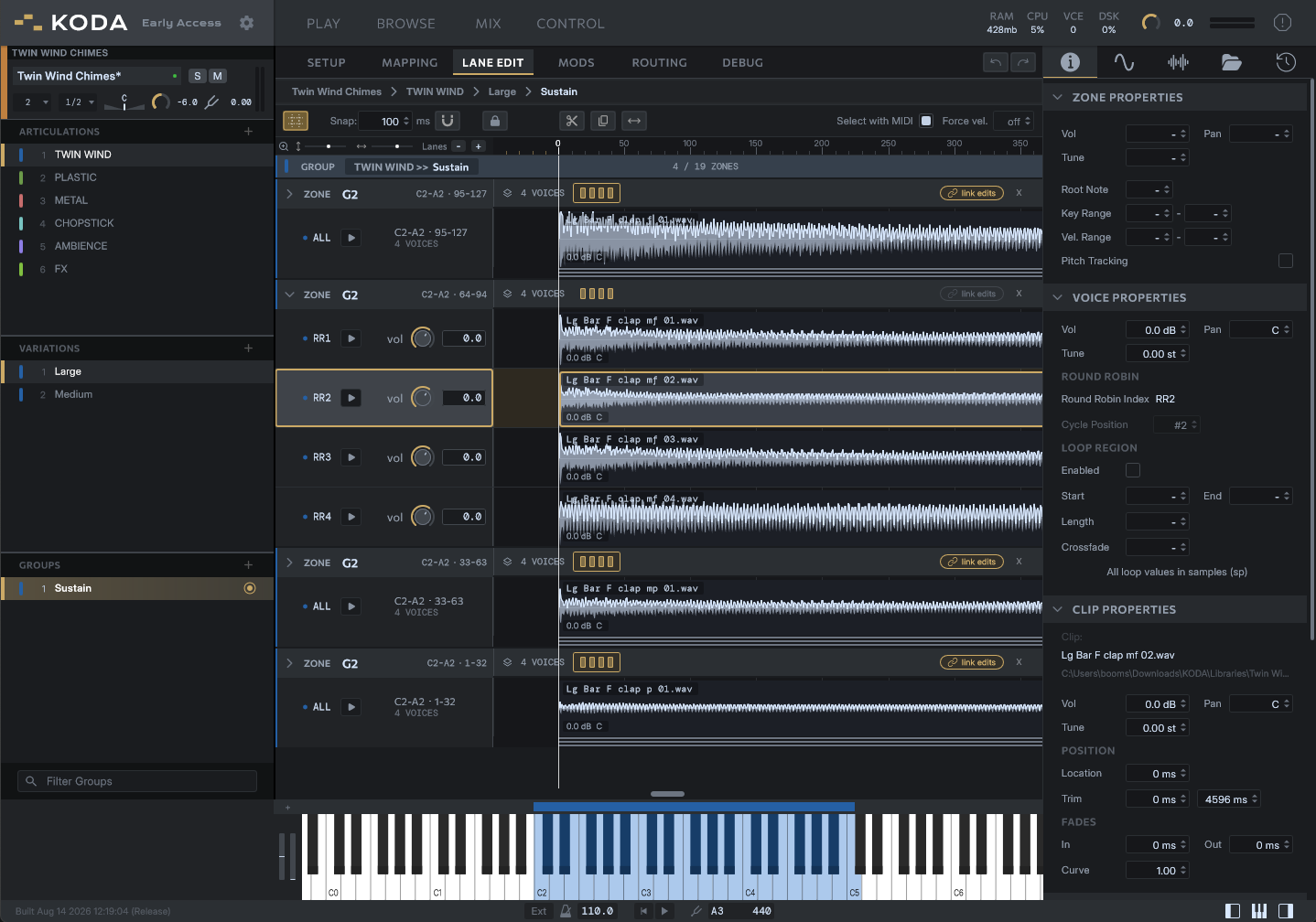 Lane Edit view: round-robin sample waveforms stacked on a multi-lane timeline