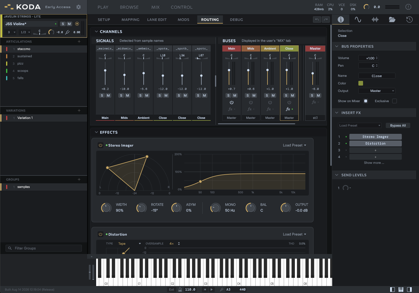 Routing view: signal and bus mixers with per-bus insert effects like the stereo imager